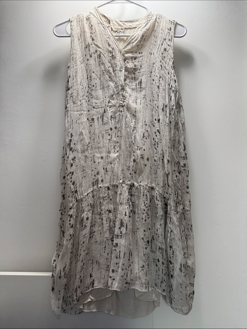 Silk Sleeveless Cream Printed Midi Dress with Button V-Neck